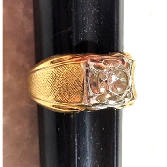 Vintage Lind 14KT HGE Ring – Wide Gold Band – Square Clear CZ Stone – Size 6.25 - Picture 2 of 9